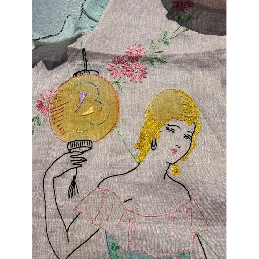 Vintage 1920s Art Deco Tea Apron Hand Painted Flapper Girl Chinoiserie Pink Blue